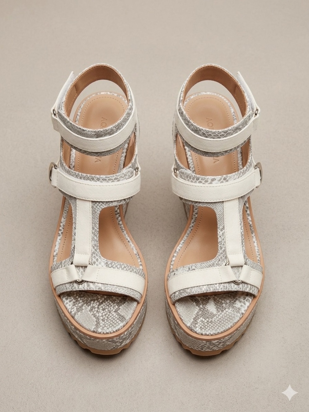 Statement Piece: Strappy Snakeskin Platform Wedges – Neutral / Cream